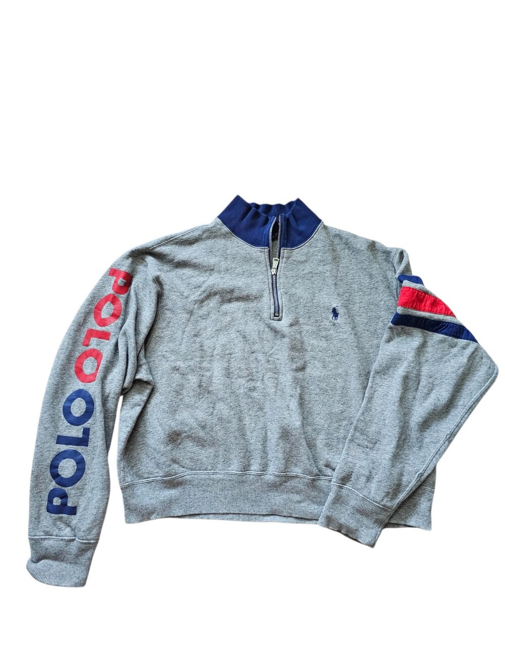 Ralph Lauren Polo Gray Quarter-Zip Pullover with Red & Navy Sleeve Details